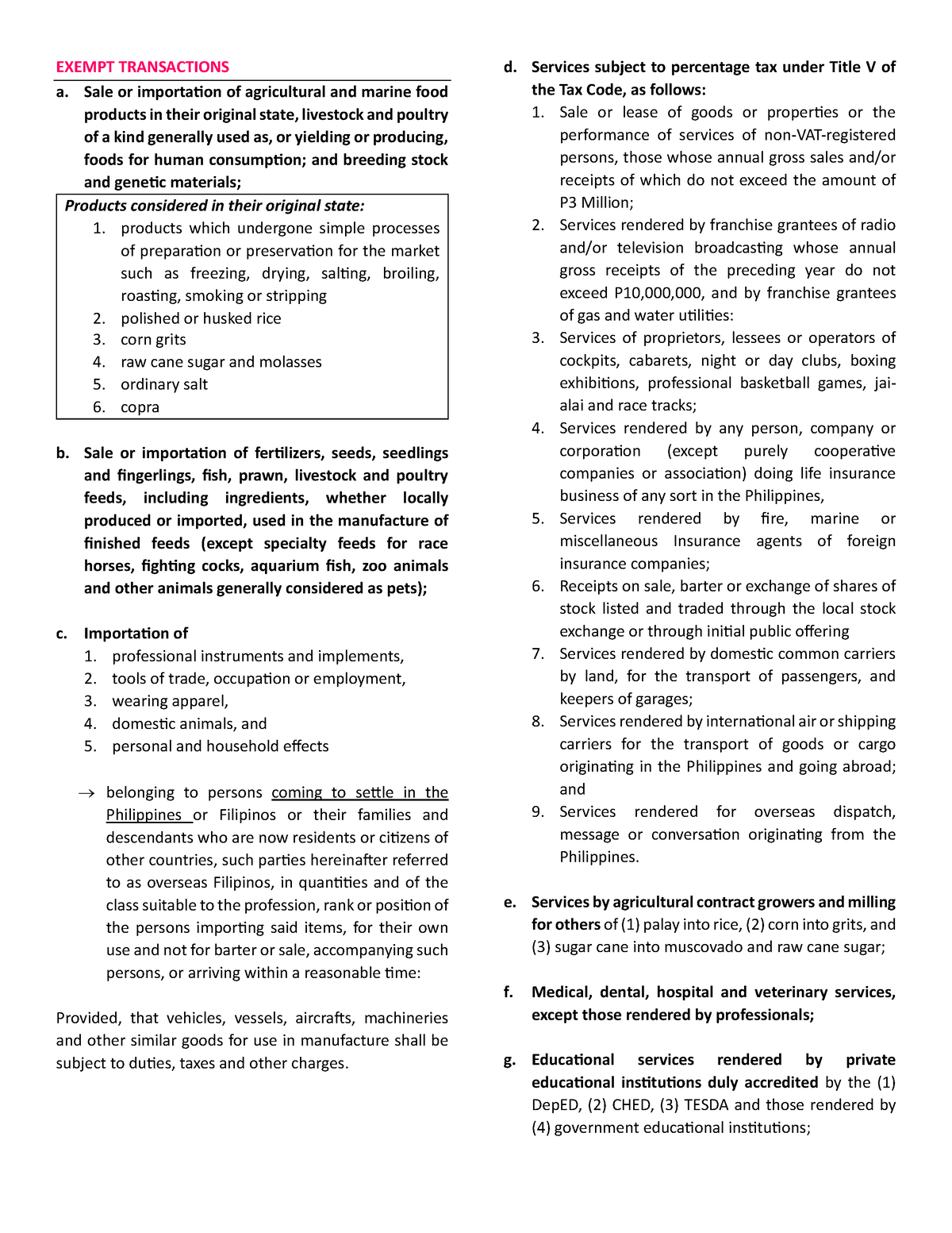 Exempt- Transactions - EXEMPT TRANSACTIONS a. Sale or importation of ...