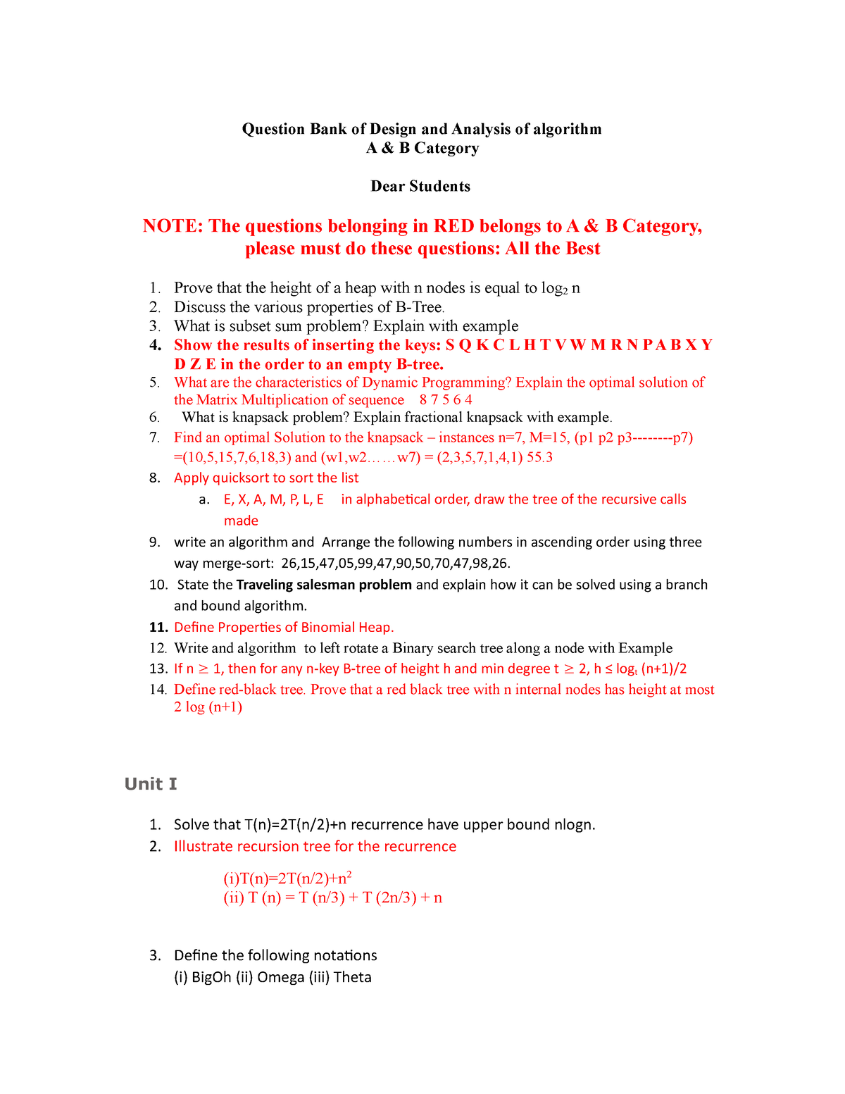 DAA Questions FOR Final EXAM A B Category Important Questions ...