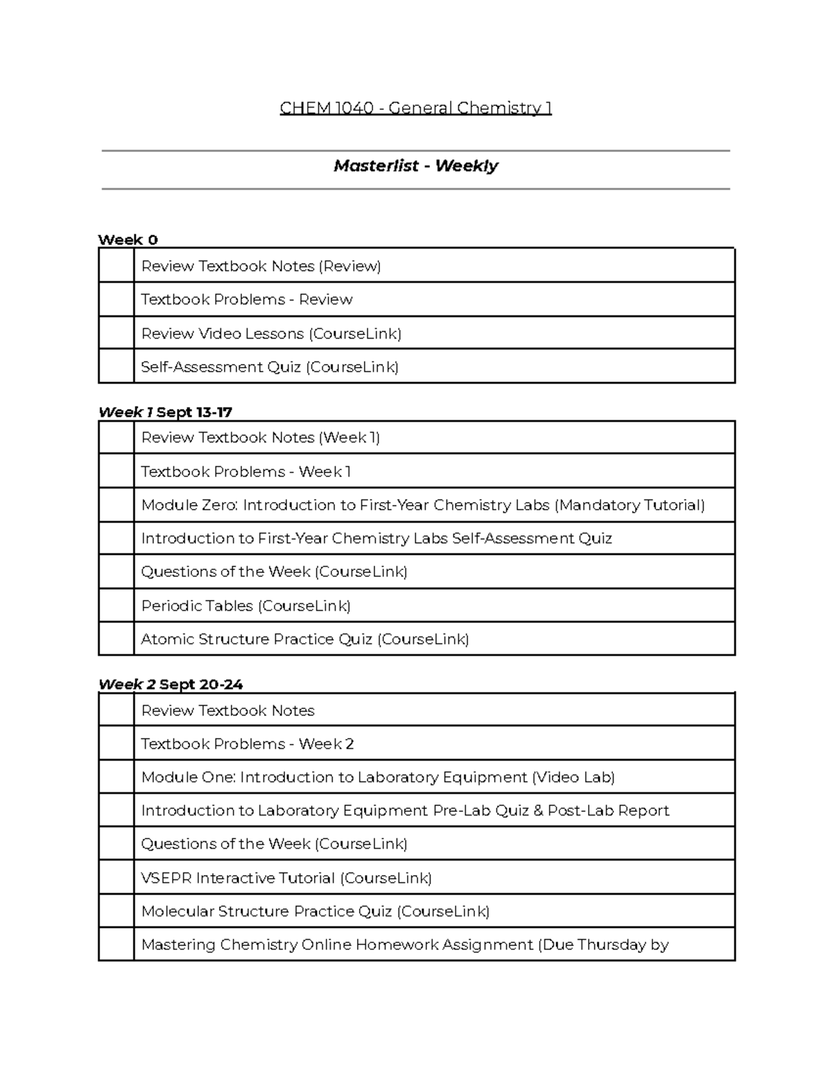 Weekly Masterlist - CHEM 1040 - CHEM 1040 - General Chemistry 1 ...
