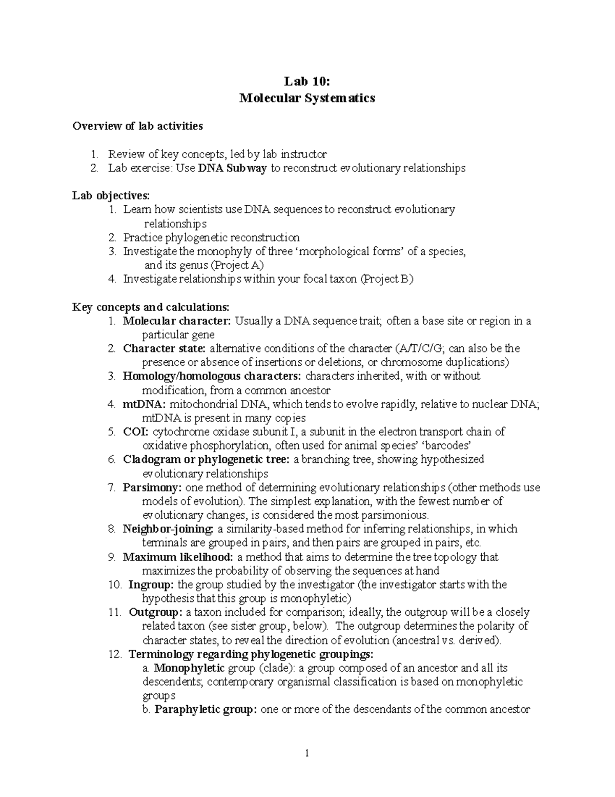 Lab10 Molecular Systematics Lab 10 Molecular Systematics Overview of