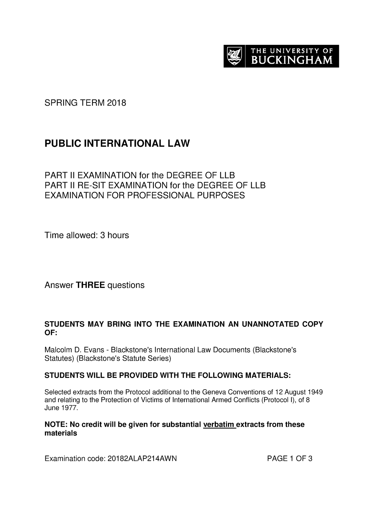 Spring 2018 Past Paper Law SPRING TERM 2018 PUBLIC INTERNATIONAL