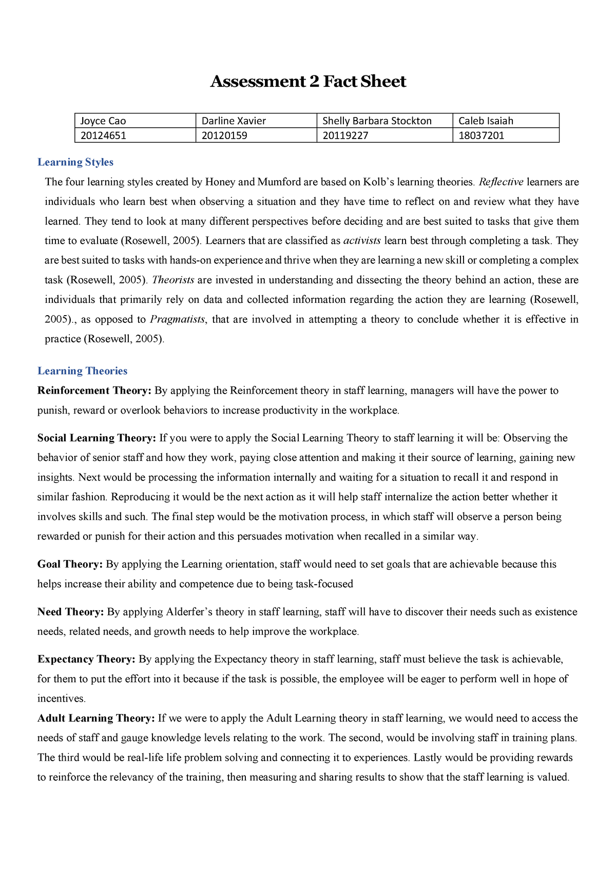 Fact Sheet 4 - Learning theories and learning styles are discussed and ...