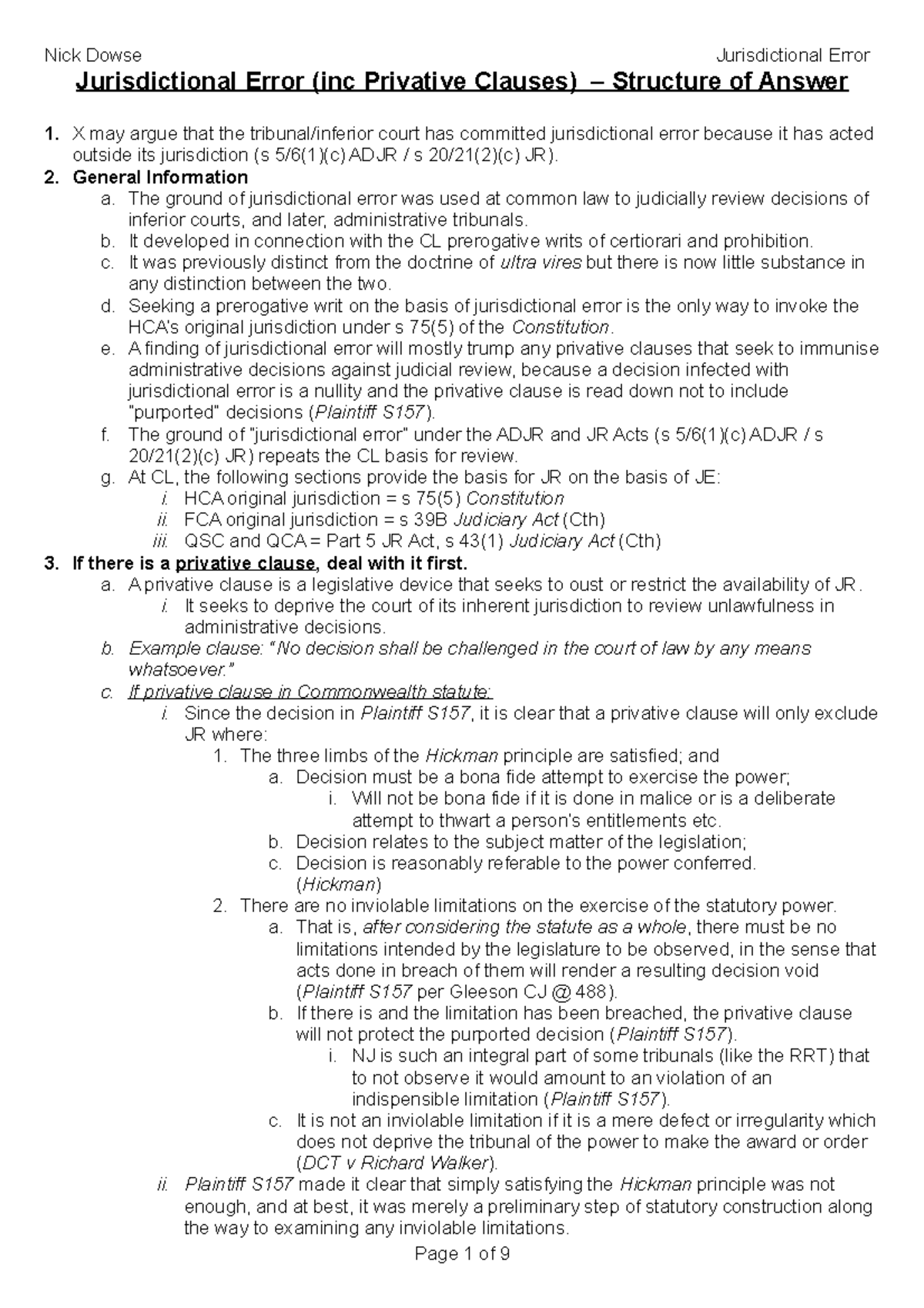 Ground Jurisdictional Error Jurisdictional Error (inc Privative