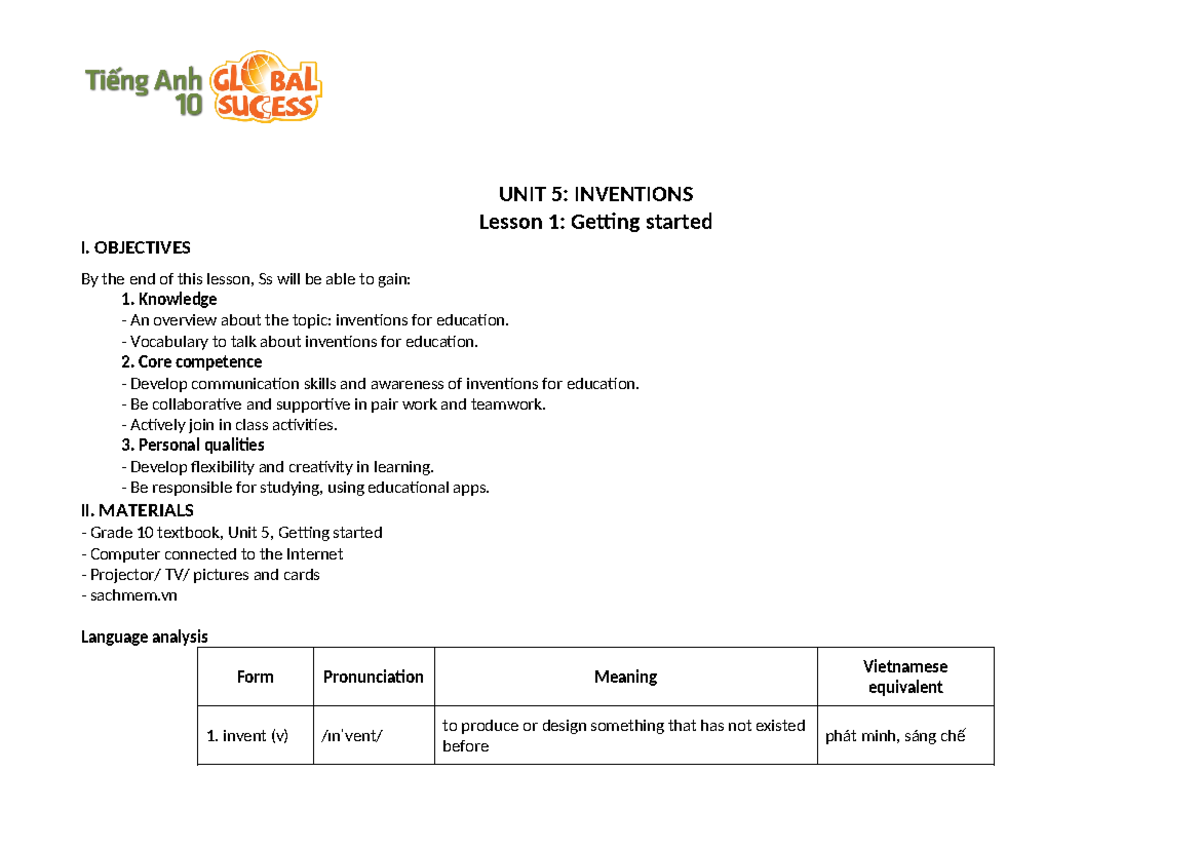 TA10Unit 5 UNIT 5 INVENTIONS Lesson 1 Getting started I