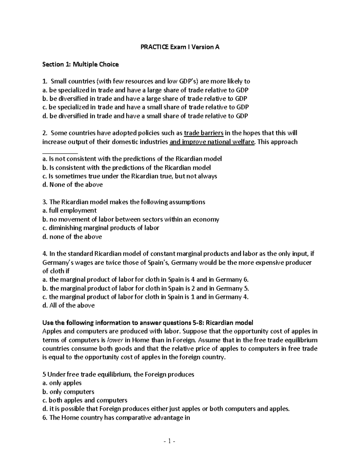 Practice EXAM1A - PRACTICE Exam I Version A Section 1: Multiple Choice ...