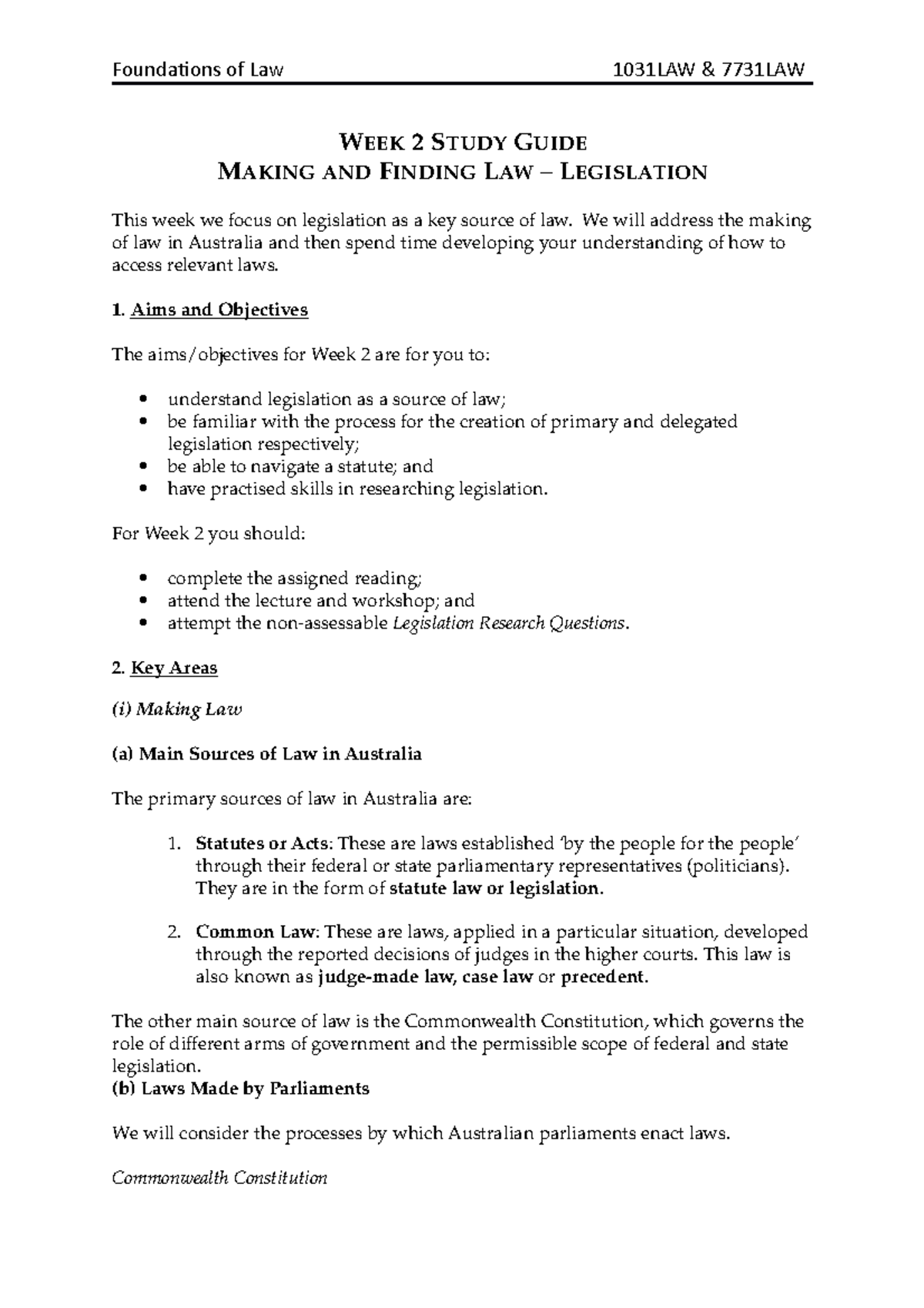 Week 2 Study Guide - Foundations of Law 1031LAW & 7731LAW WEEK 2 STUDY ...