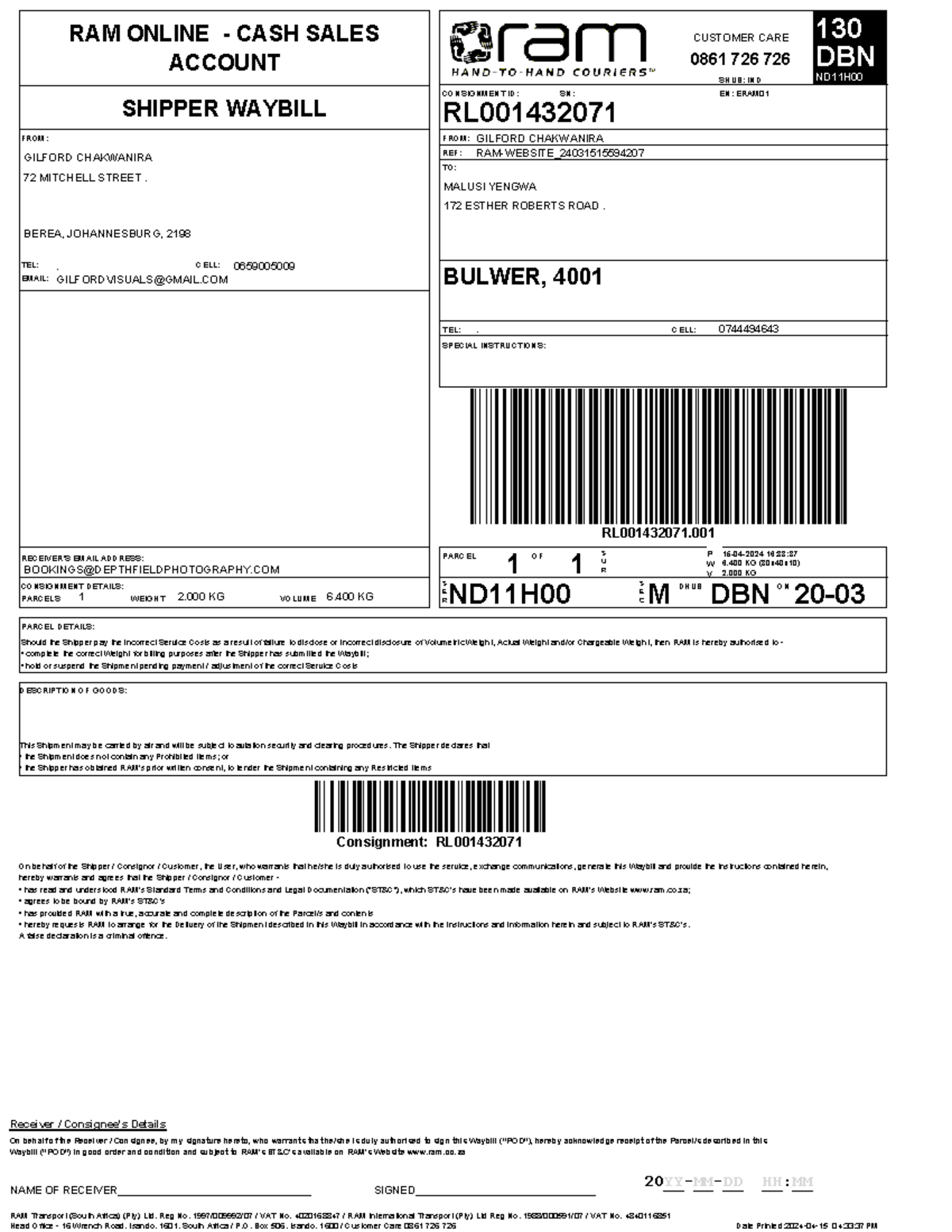 Waybill RL001432071 - Invoice example - P SE C CONSIGNMENT ID: SHIPPER ...