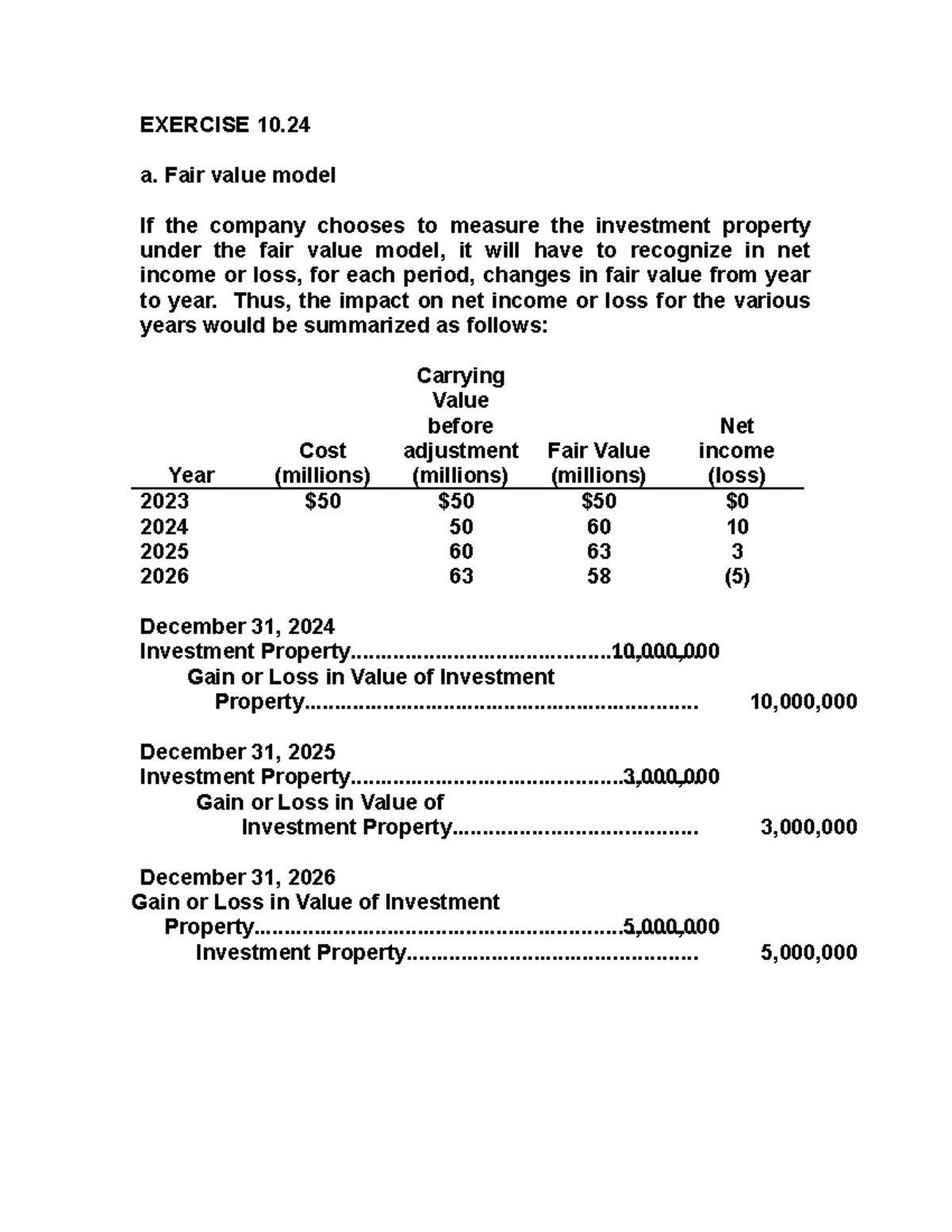 Class 10 - Solution - EXERCISE 10. a. Fair value model If the company ...