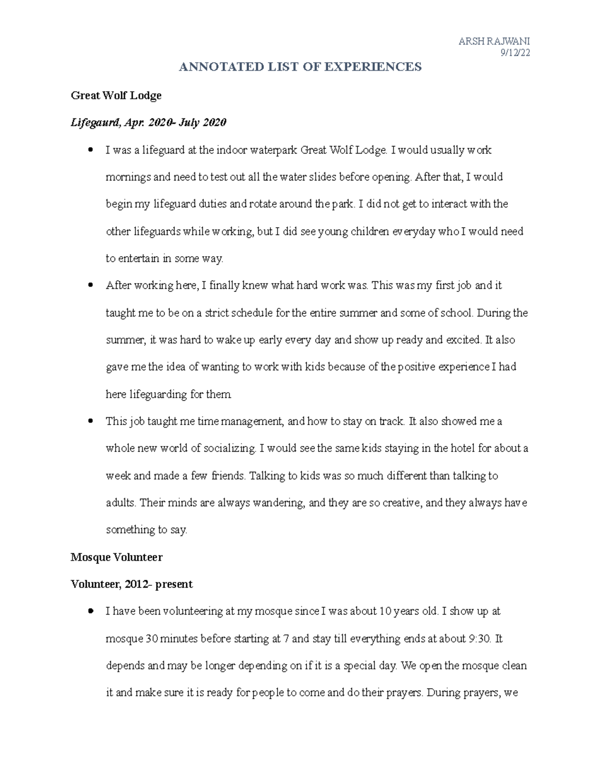 Great Wolf Lodge Job ARSH RAJWANI9/12/ ANNOTATED LIST OF