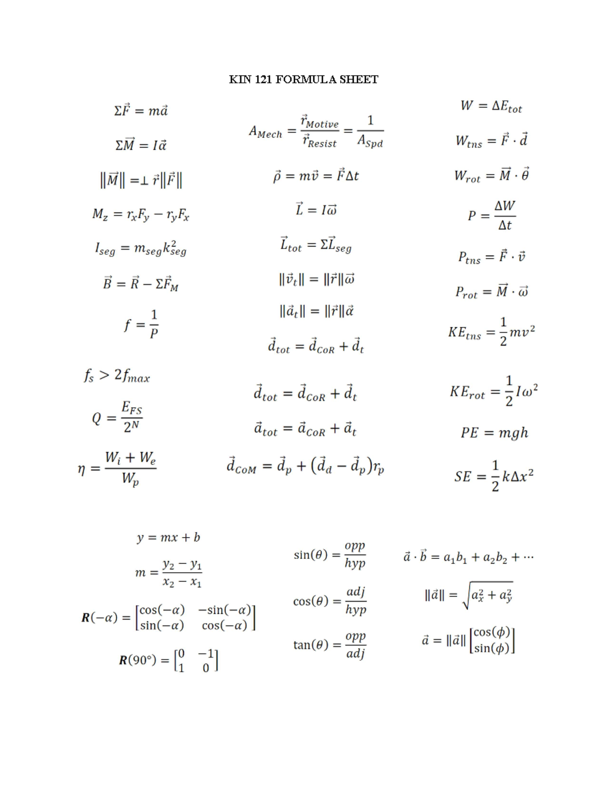 121 Formula Sheet KIN 121 KIN 121 FORMULA SHEET mã W tot Aspd Mz