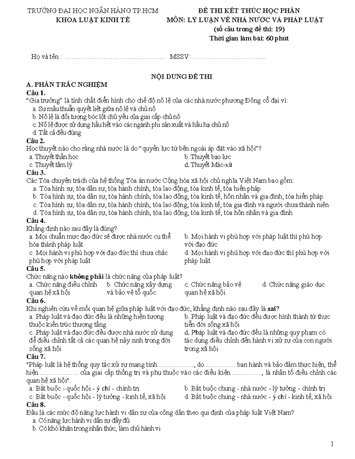 DE THI LY LUAN NHA NUOC VA PL 1 - 1 TRƯỜNG ĐẠI HỌC NGÂN HÀNG TP ĐỀ THI ...