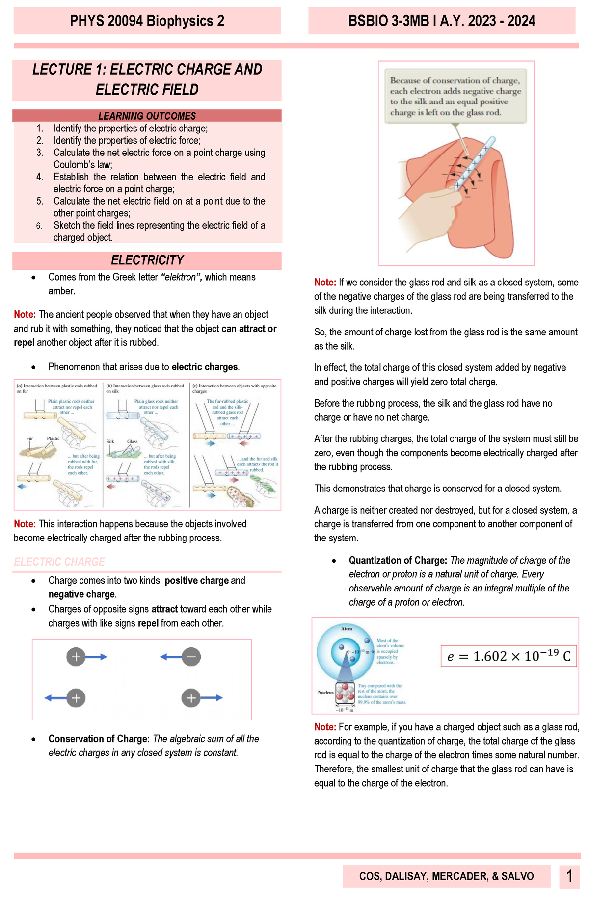 Lecture 1 - None - COS, DALISAY, MERCADER, & SALVO LECTURE 1: ELECTRIC ...
