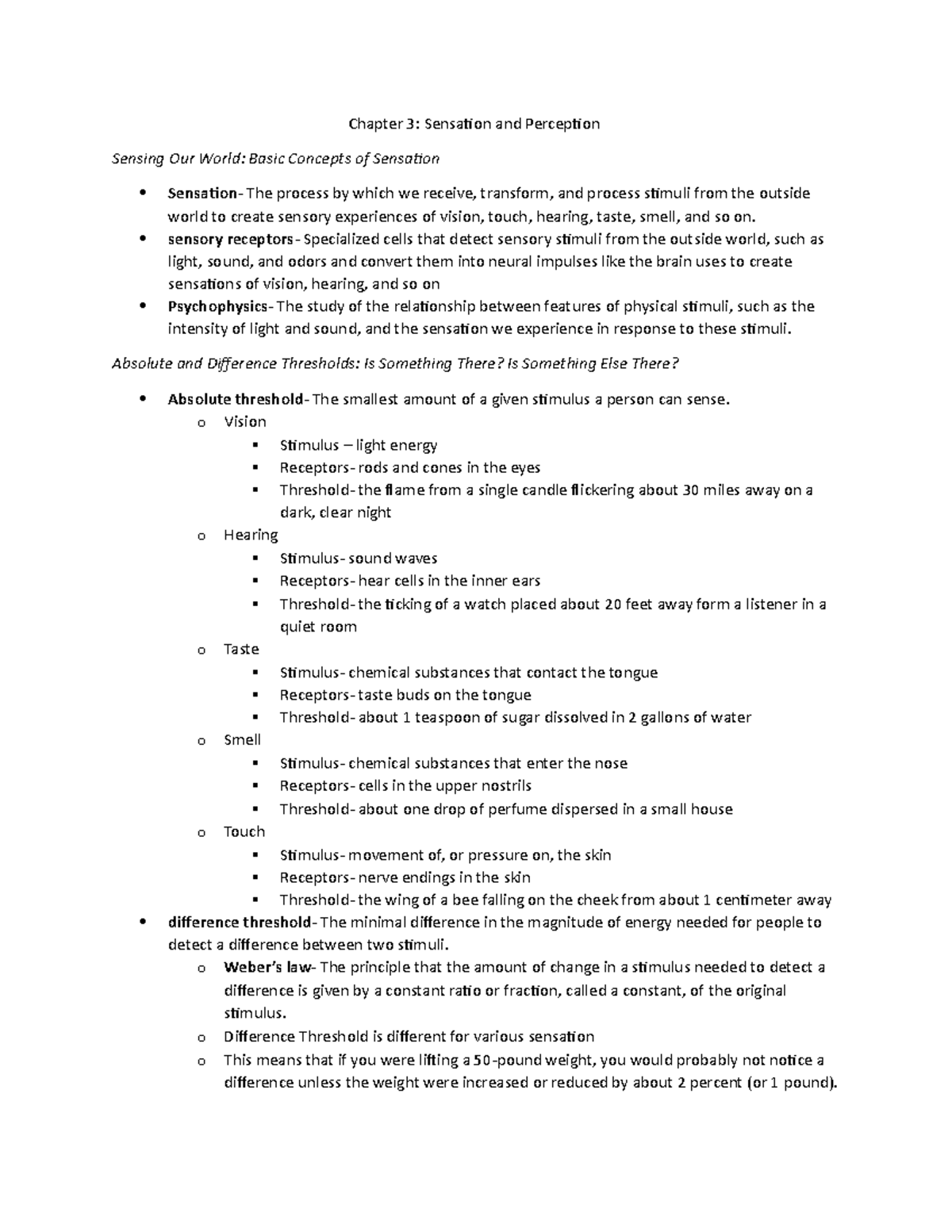 Chapter 3 sensation - Chapter 3: Sensation and Perception Sensing Our ...