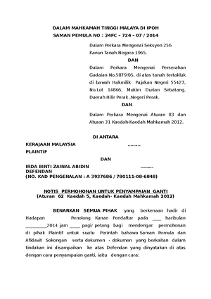 Penyampaian Ganti Irda Dalam Mahkamah Tinggi Malaya Di Ipoh Saman Pemula No 24fc 724 07 Studocu