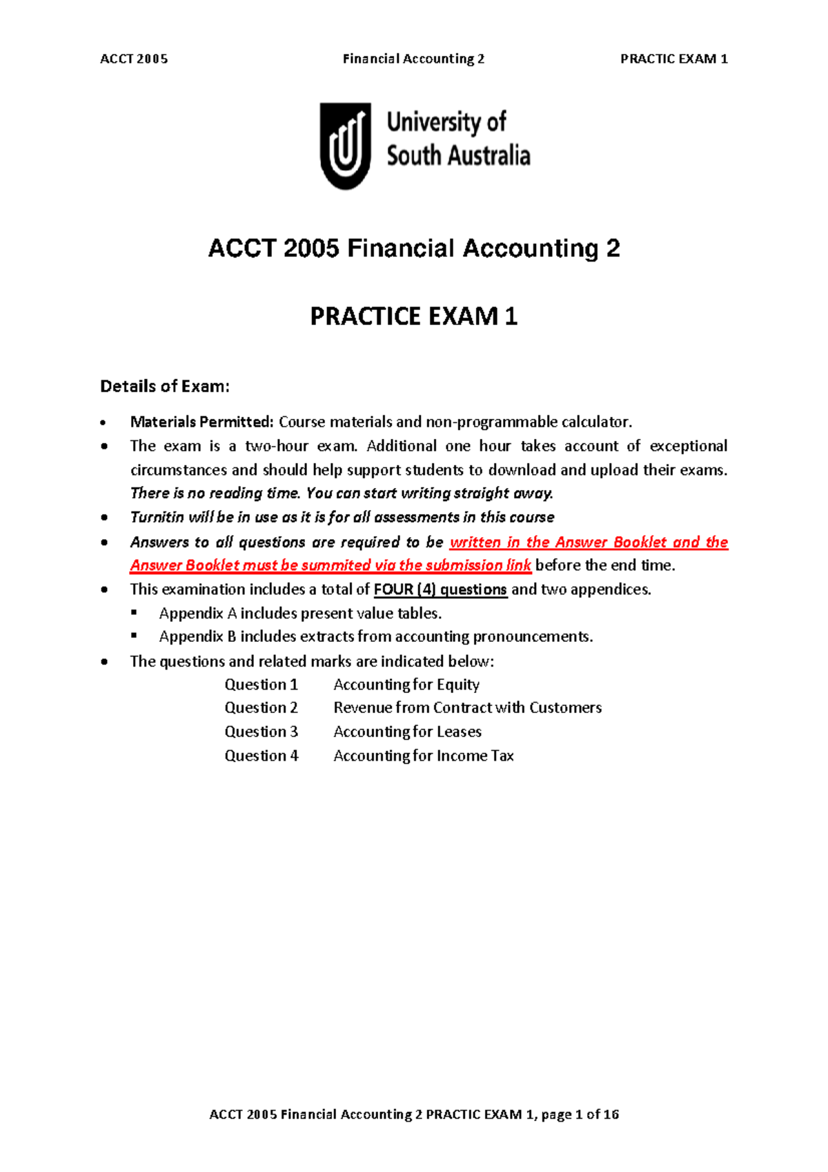 ACCT 2005 Practice EXAM 1 - ACCT 2005 Financial Accounting 2 PRACTICE ...