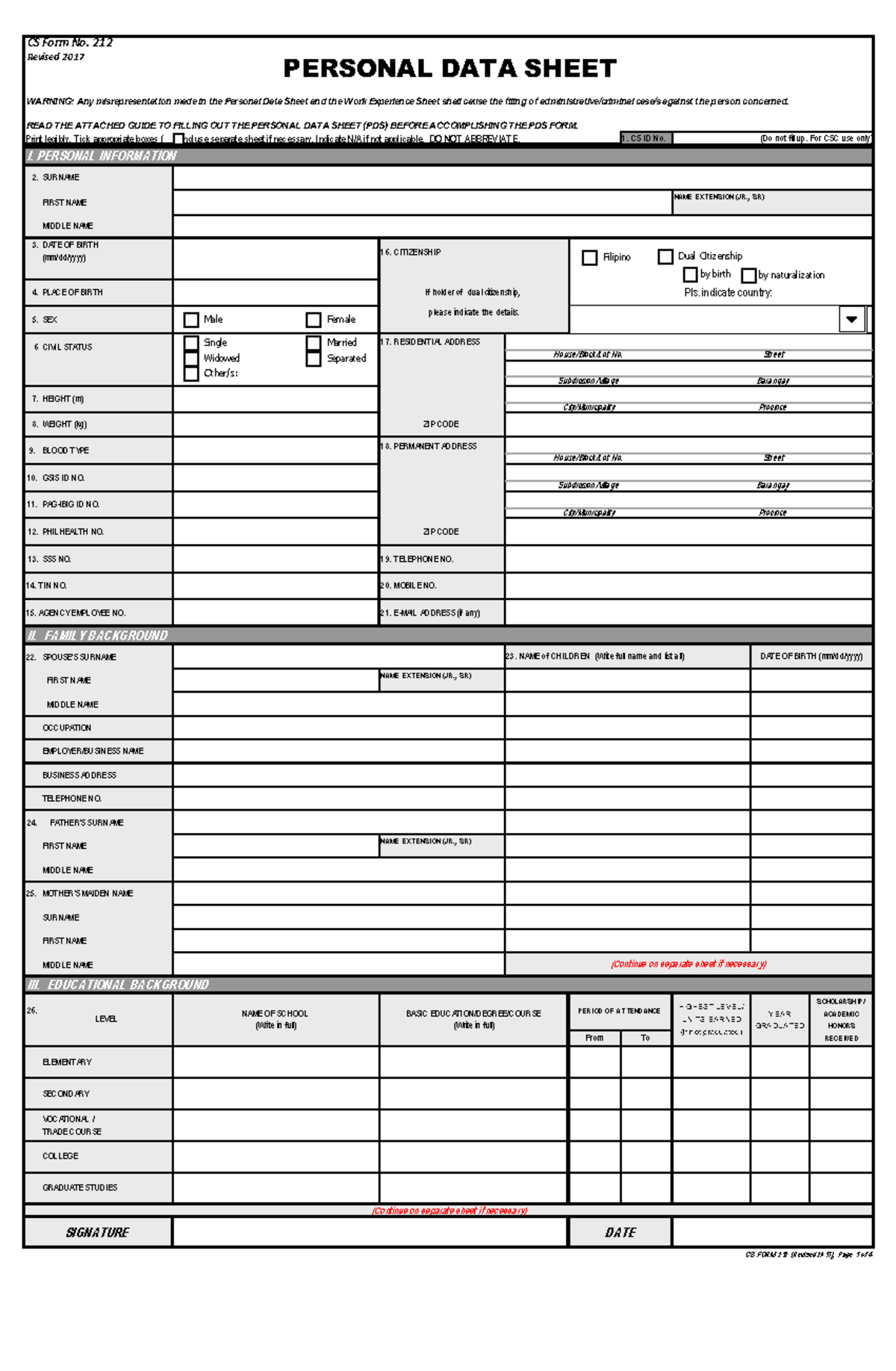 CSC Form No. 212 revised Personal Data Sheet 2017 copy - Print legibly ...
