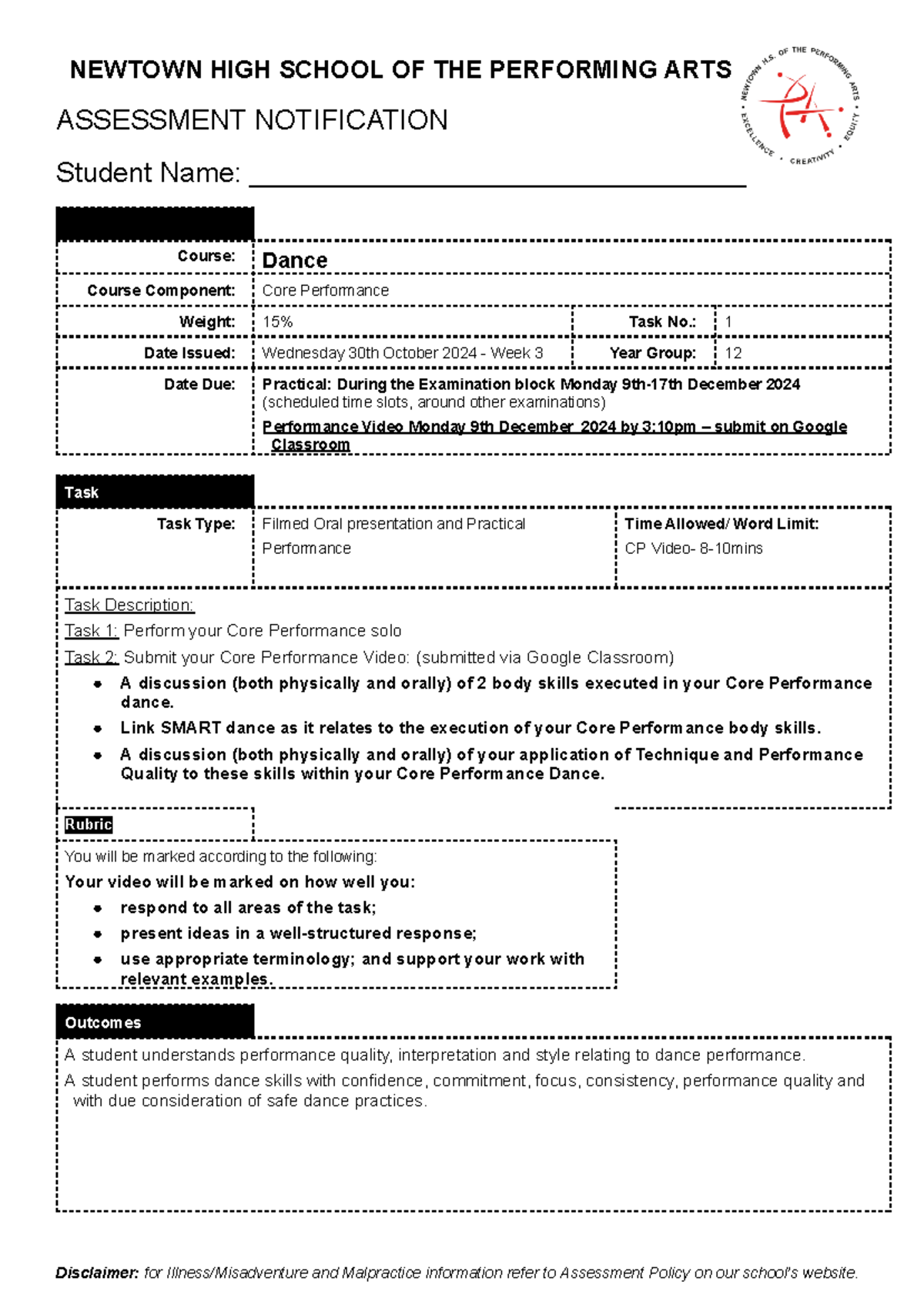 Task 1- Core Performance Notification - NEWTOWN HIGH SCHOOL OF THE ...