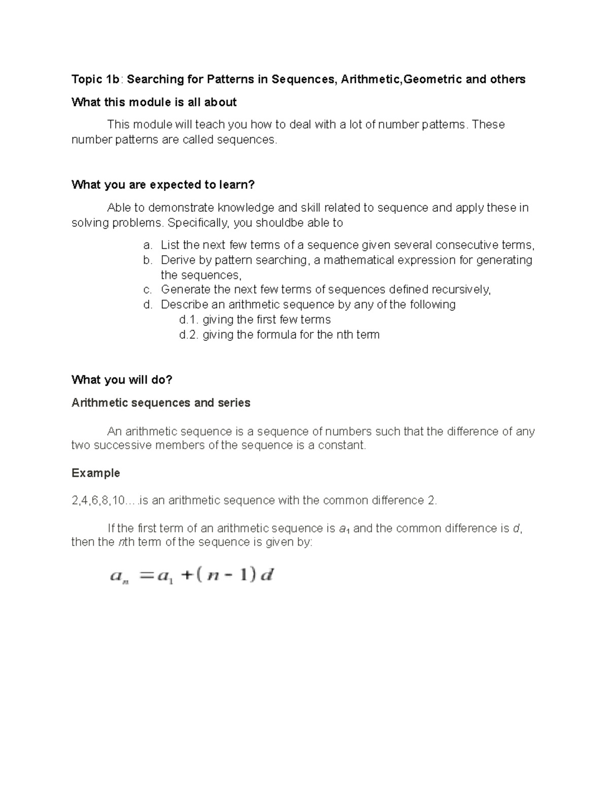 Topic 1b. arithmetic sequence - Topic 1b : Searching for Patterns in ...