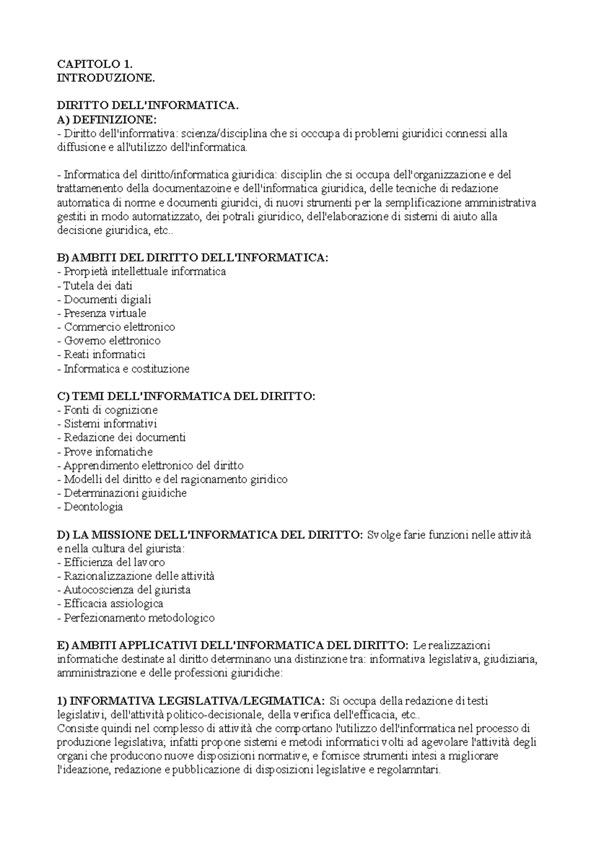 Informatica - CAPITOLO 1. INTRODUZIONE. DIRITTO DELL'INFORMATICA. A ...