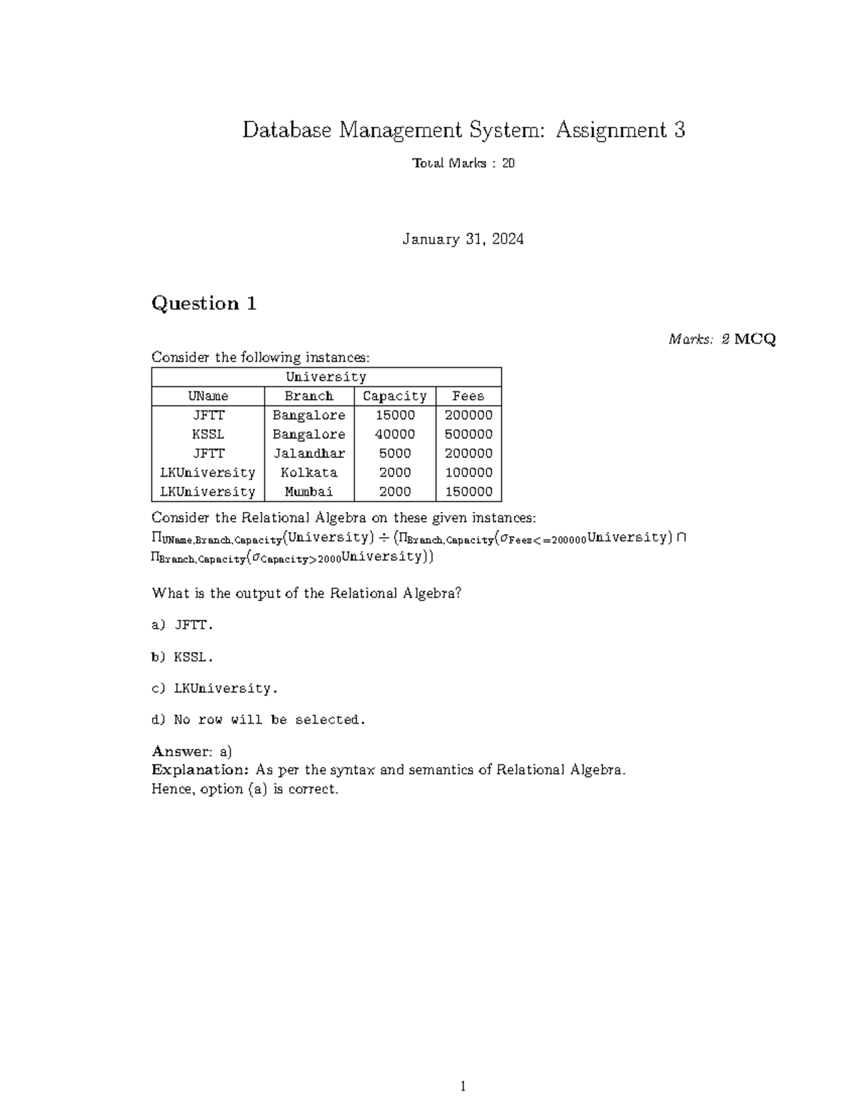 dbms nptel assignment 3