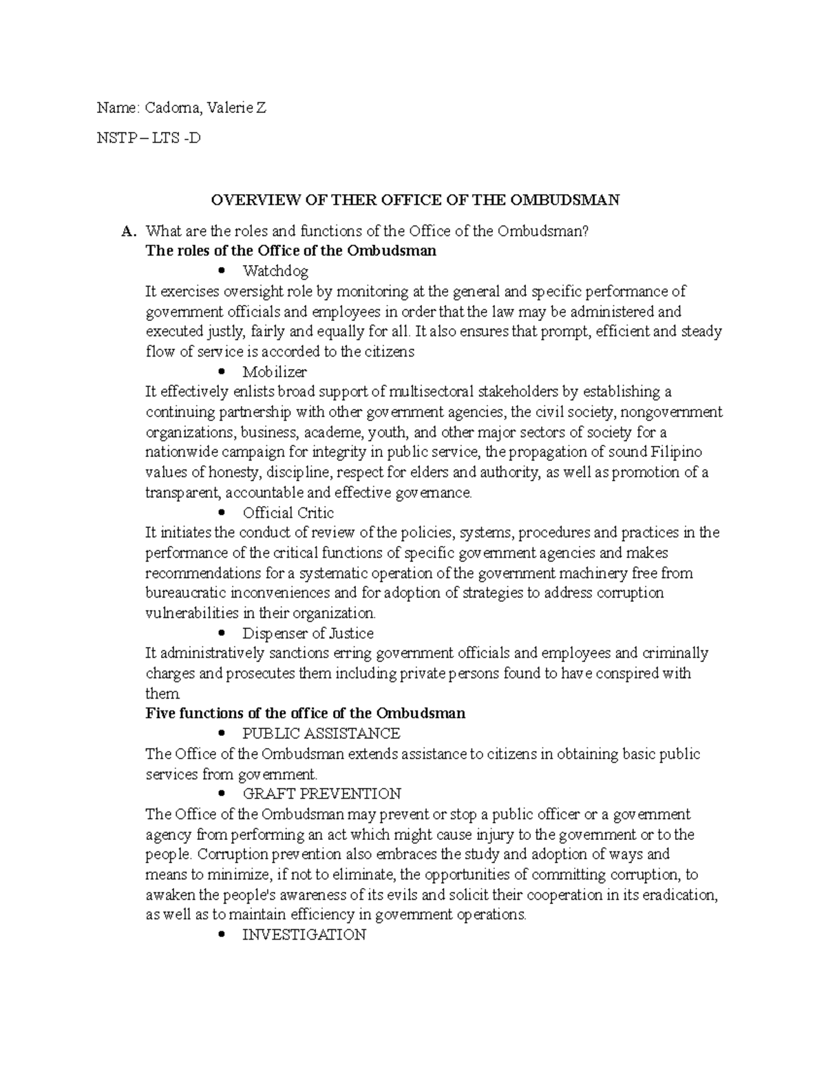 NSTPOverview Of The Office Of The Ombudsman Name Cadorna, Valerie Z NSTP LTS D OVERVIEW