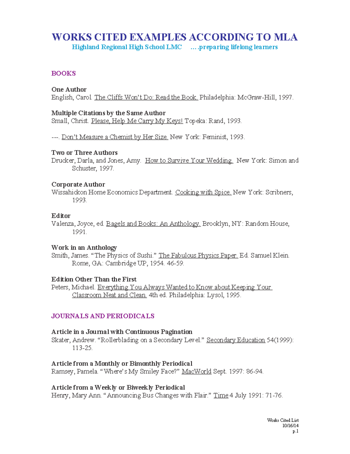 Works Cited Guide - 2014 - WORKS CITED EXAMPLES ACCORDING TO MLA ...