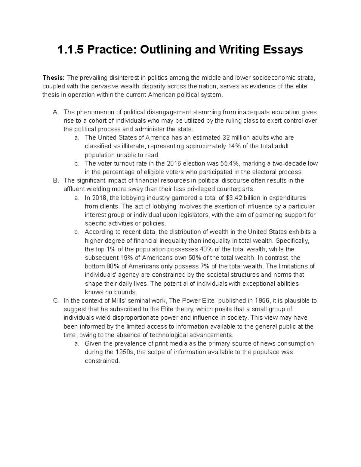 1.1.5 Practice Outlining and Writing Essays 1.1 Practice Outlining and Writing Essays Thesis