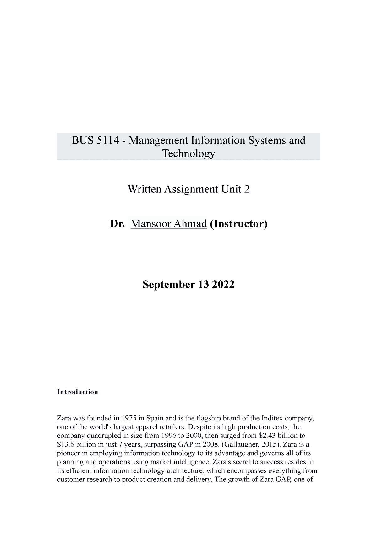 Written Assignment Unit 2 - BUS 5114 - Management Information Systems ...