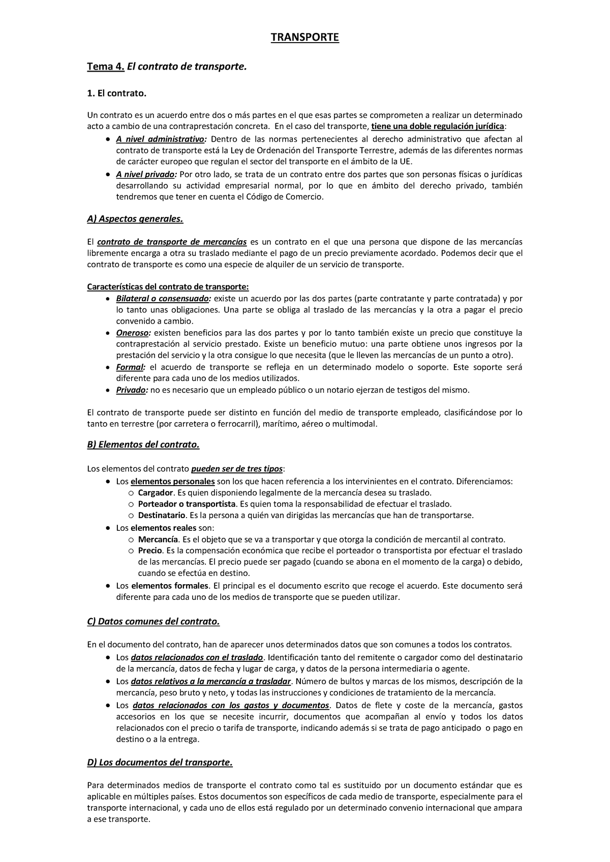 Transporte - EL Contrato DE Transporte - TRANSPORTE Tema 4. El contrato de  transporte. 1. El - Studocu