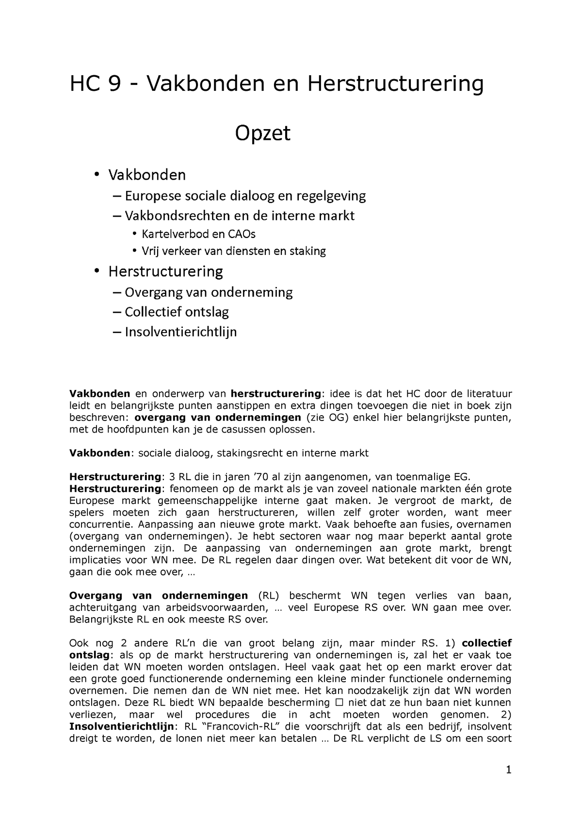 HC 9 - HC 9 - HC 9 - Vakbonden En Herstructurering Vakbonden En ...