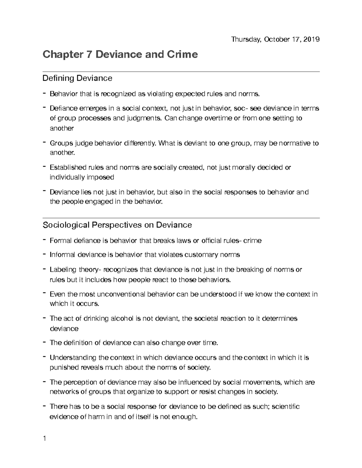 Chapter 7 Notes - Chapter 7 Deviance And Crime Defining Deviance ...