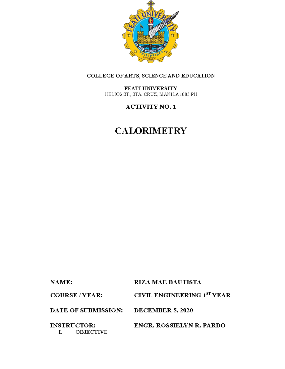 Calorimetry Experiment For 1st Year Chemistry Laboratory Civil ...