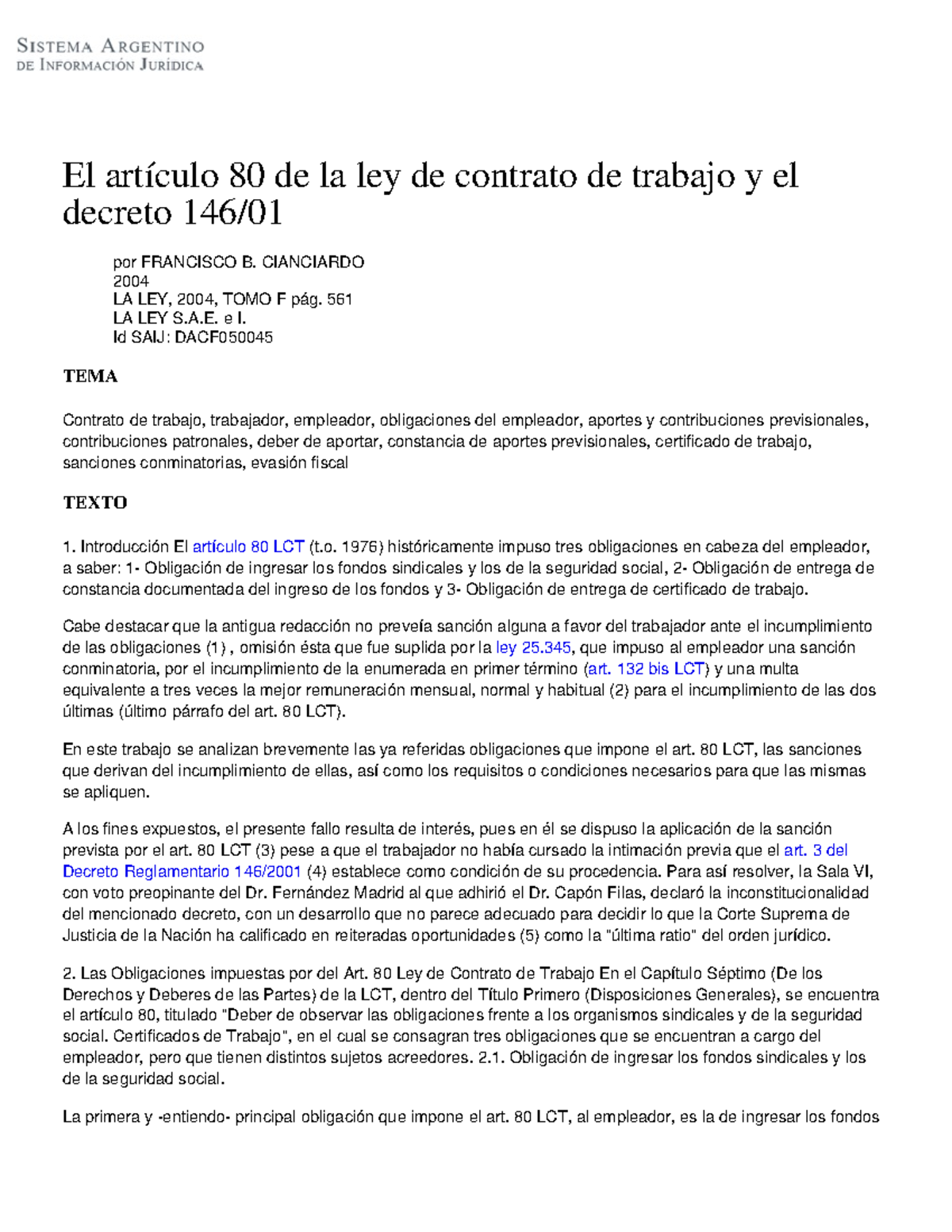 El artículo 80 de la ley de contrato de trabajo y el decreto 146 01 ...