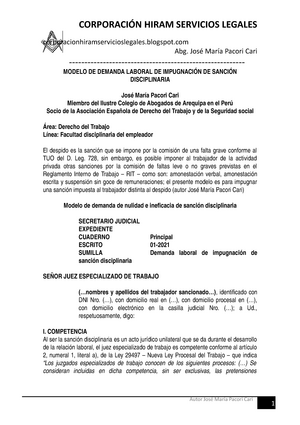 Modelo Demanda Laboral Impugnación Sanción Disciplinaria - Autor JOSÉ María  Pacori CARI - Autor José - Studocu