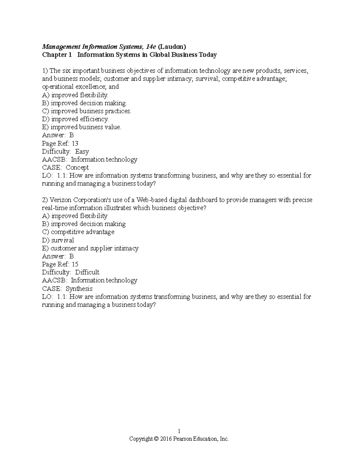 Chapter 1-TestBank - Management Information Systems, 14e (Laudon ...