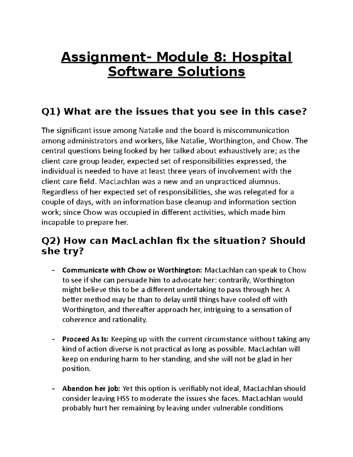 Module 8 assignment - Assignment- Module 8: Hospital Software Solutions ...