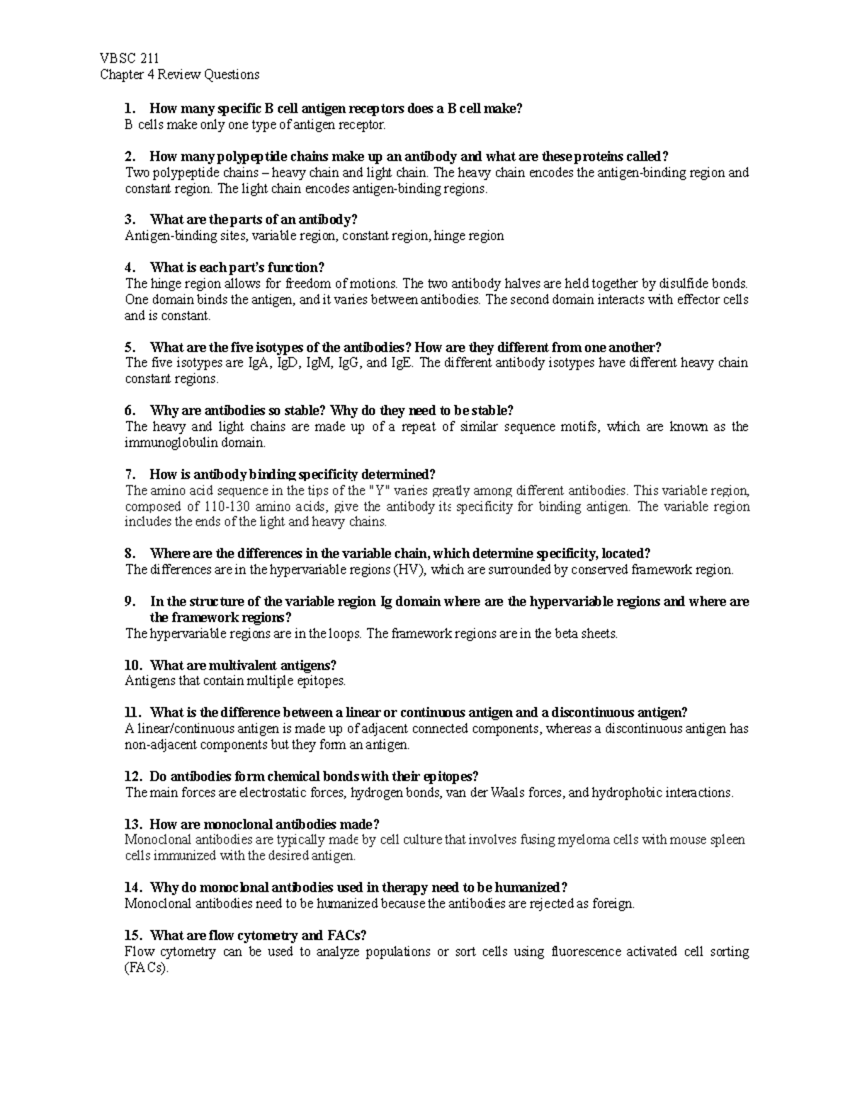 Chapter 4 Exam Review Questions VBSC 211 VBSC 211 Chapter 4 Review