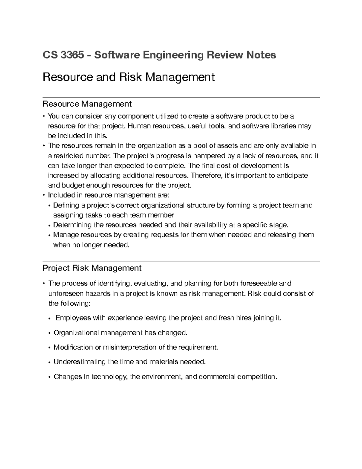 CS 3365 - Resource and Risk Management Notes - CS 3365 - Software ...