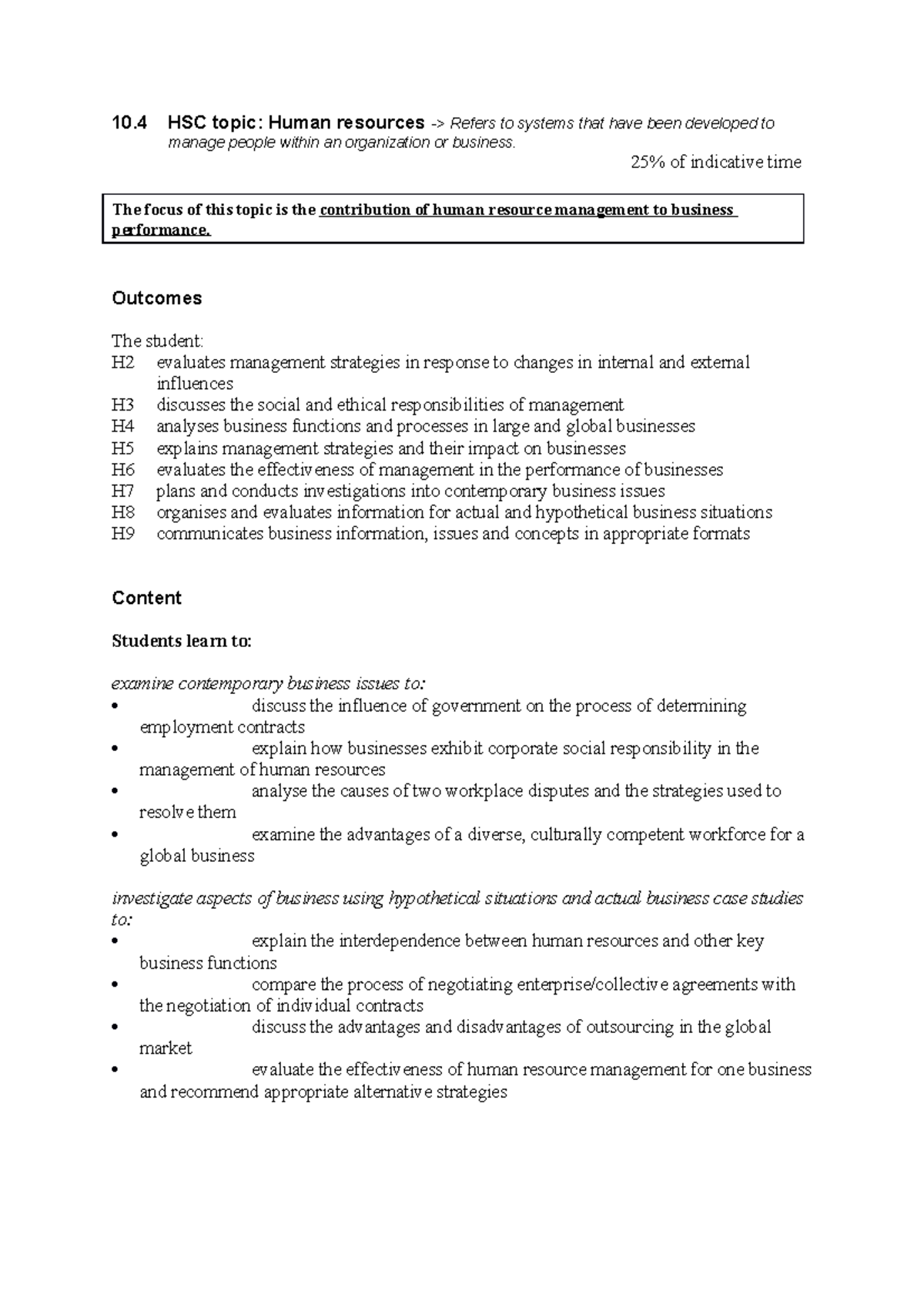 Summary Notes - Human Resource - 10 HSC topic: Human resources ...