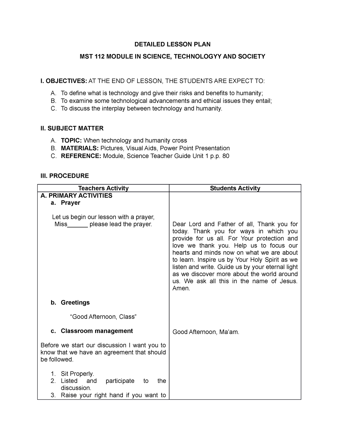 SCI-211 DLP1 - Sample and format of dlp - DETAILED LESSON PLAN MST 112 ...