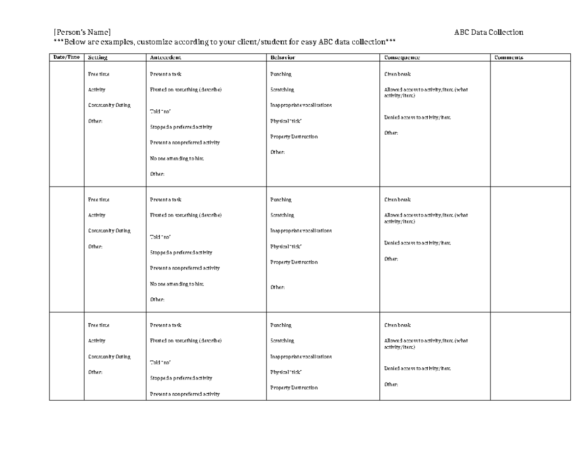 Sample ABCData Sheet-1 - [Person’s Name] ABC Data Collection Below are ...