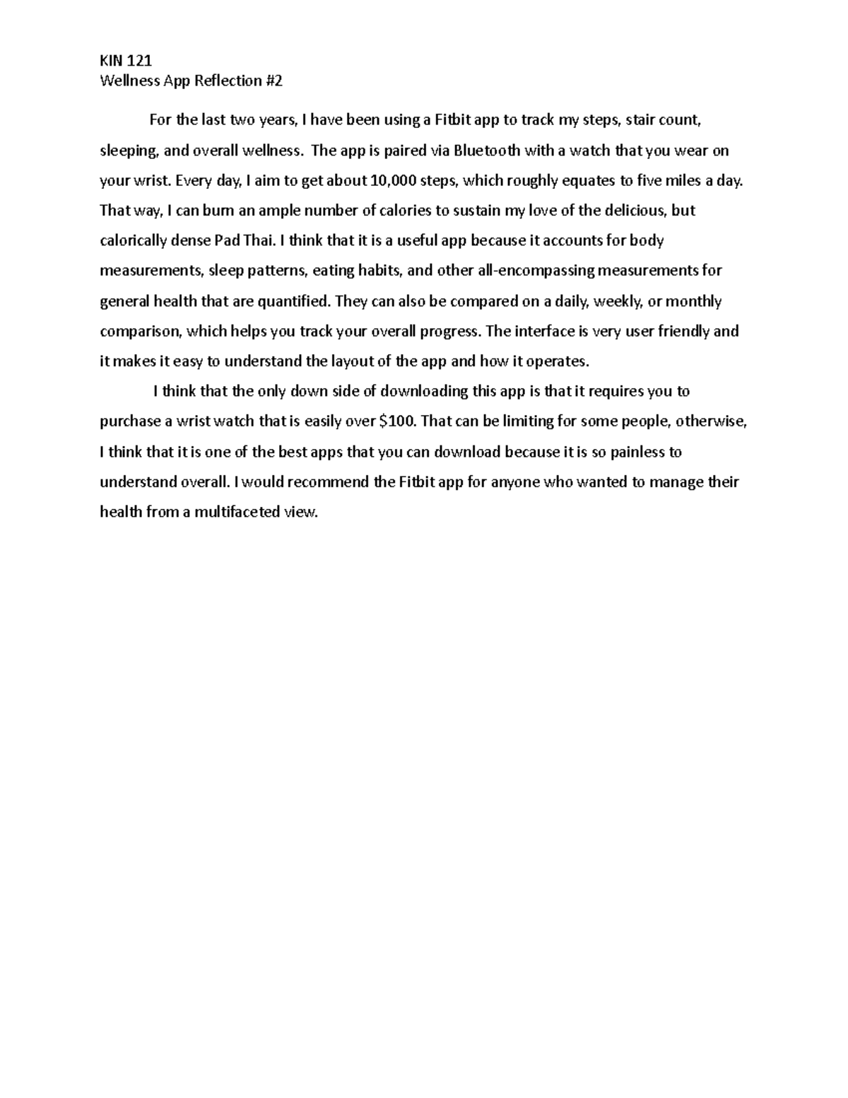 Wellness App Reflection 2 - KIN 121 Wellness App Reflection # For the ...