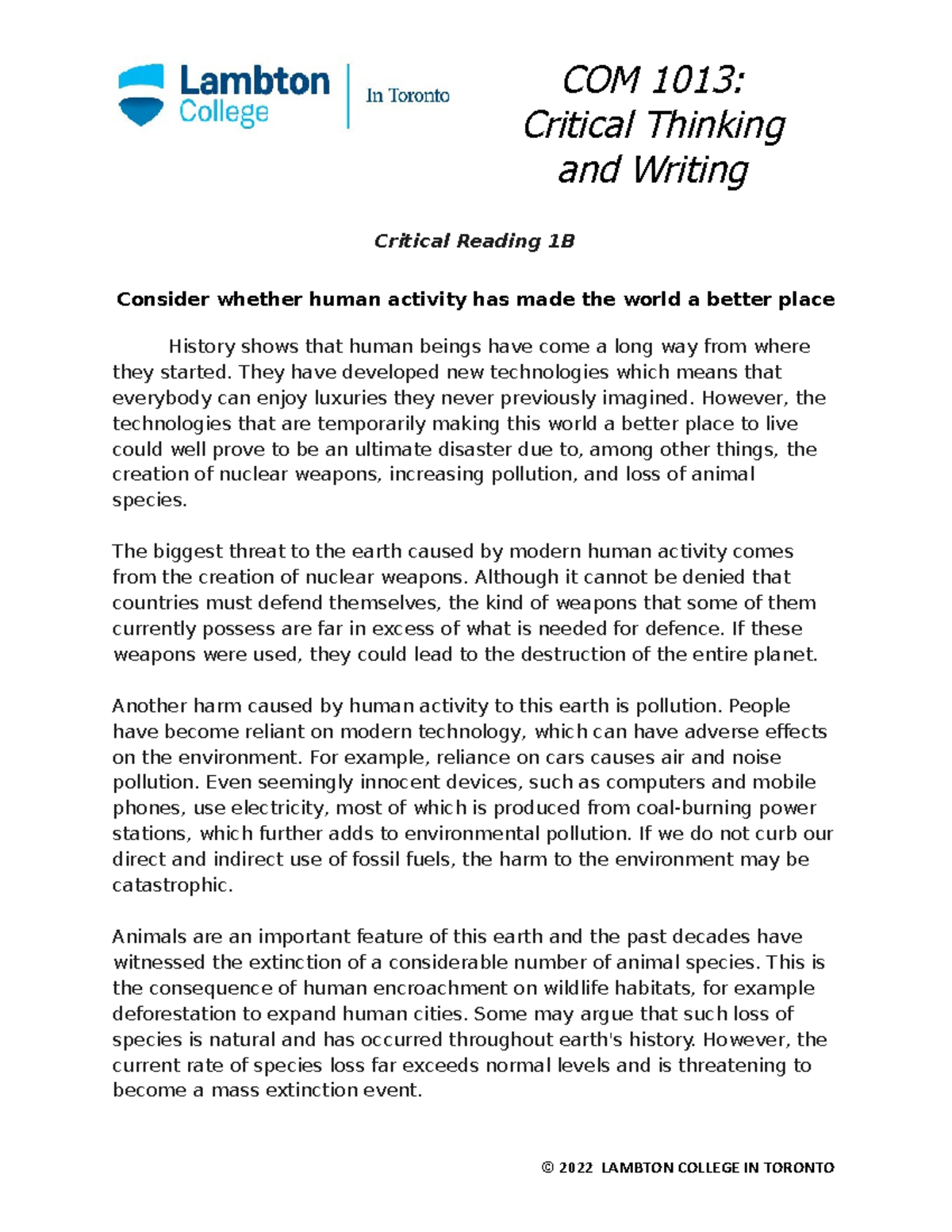 COM 1013 Critical Reading 1B - COM 1013: Critical Thinking and Writing ...