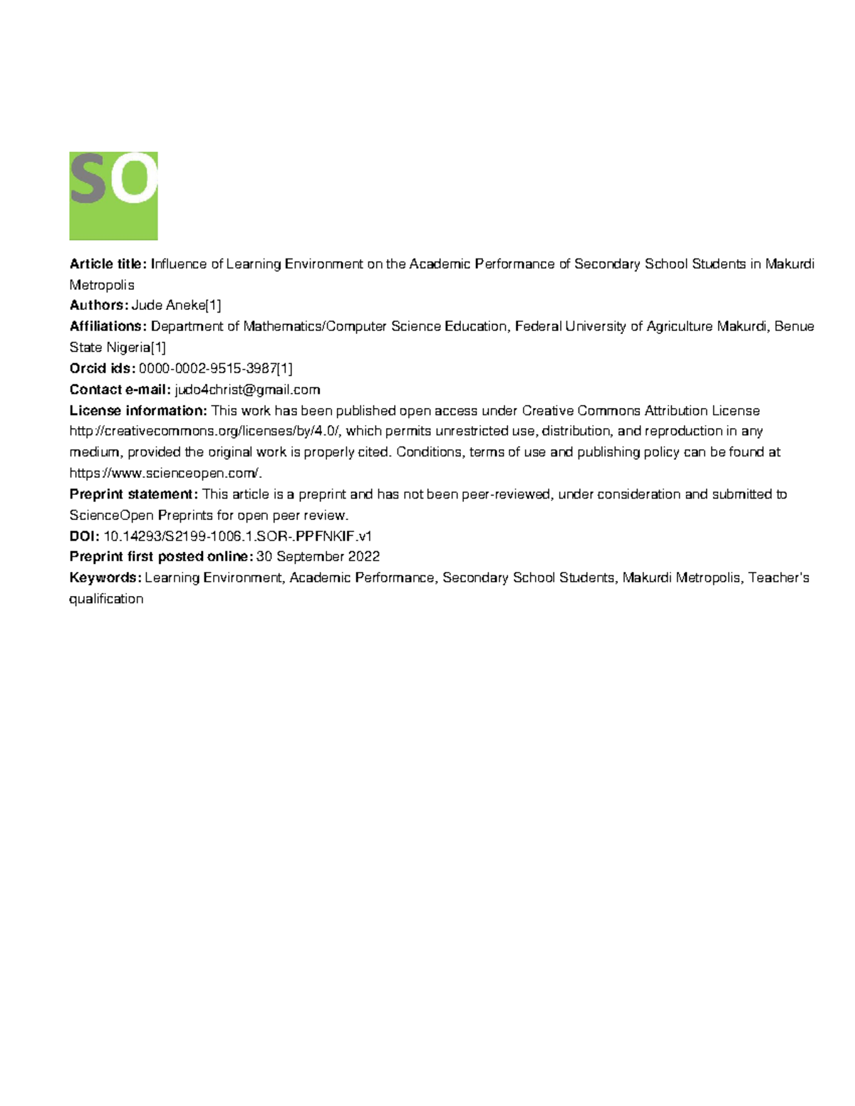 Influence of Learning Environment on the Academic Performance of ...