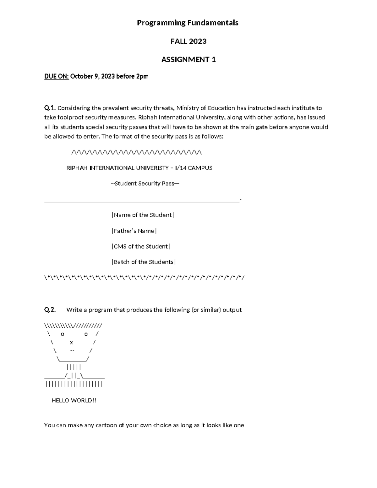 Assignment 1 - FALL 2023 - Programming Fundamentals FALL 2023 ...