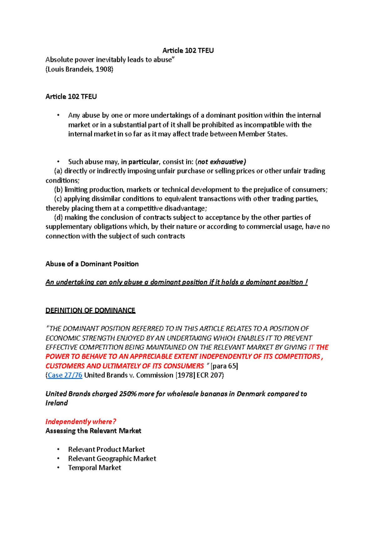 Article 102 TFEU NOtes - Aricle 102 TFEU Absolute Power Inevitably ...