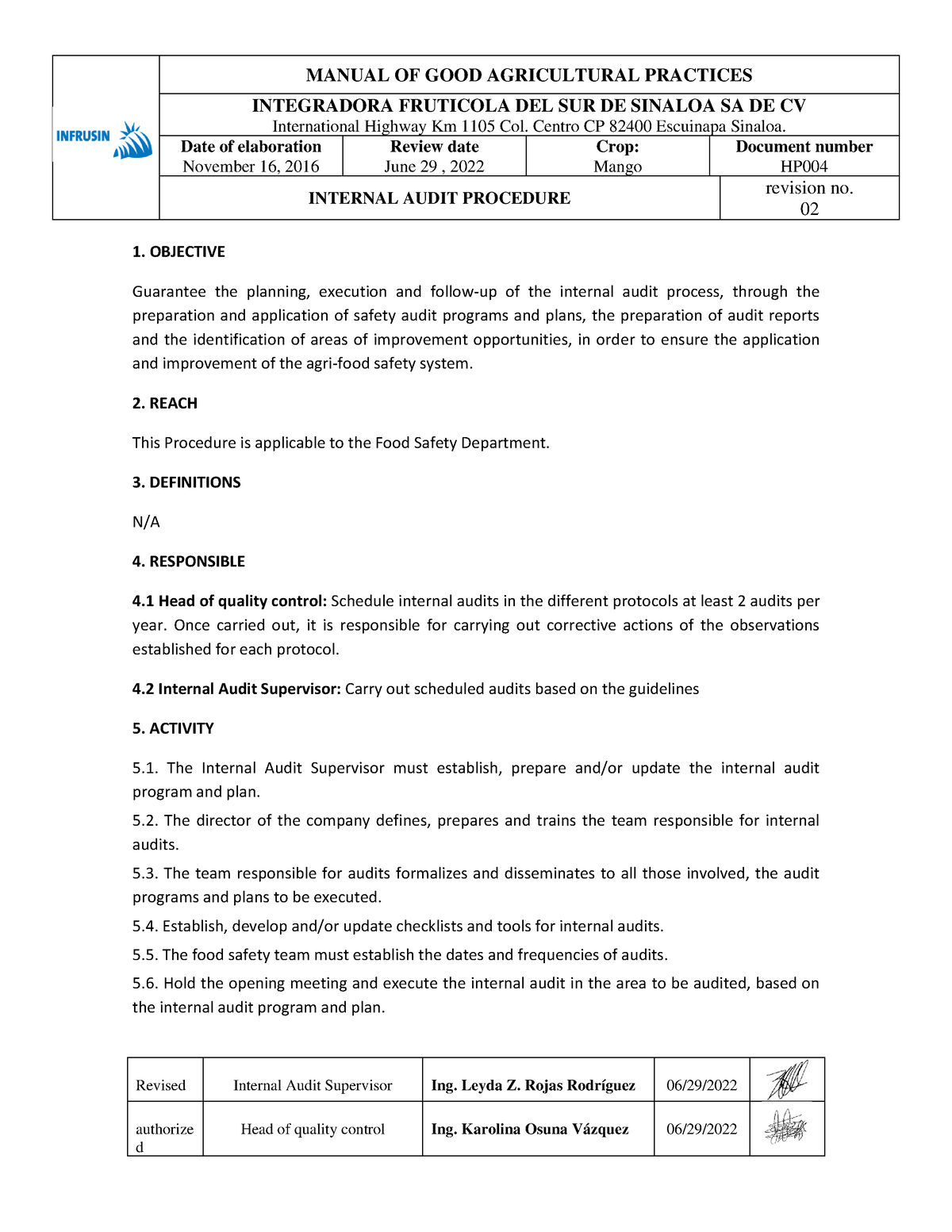 HP004 Internal Audit Procedure - MANUAL OF GOOD AGRICULTURAL PRACTICES ...