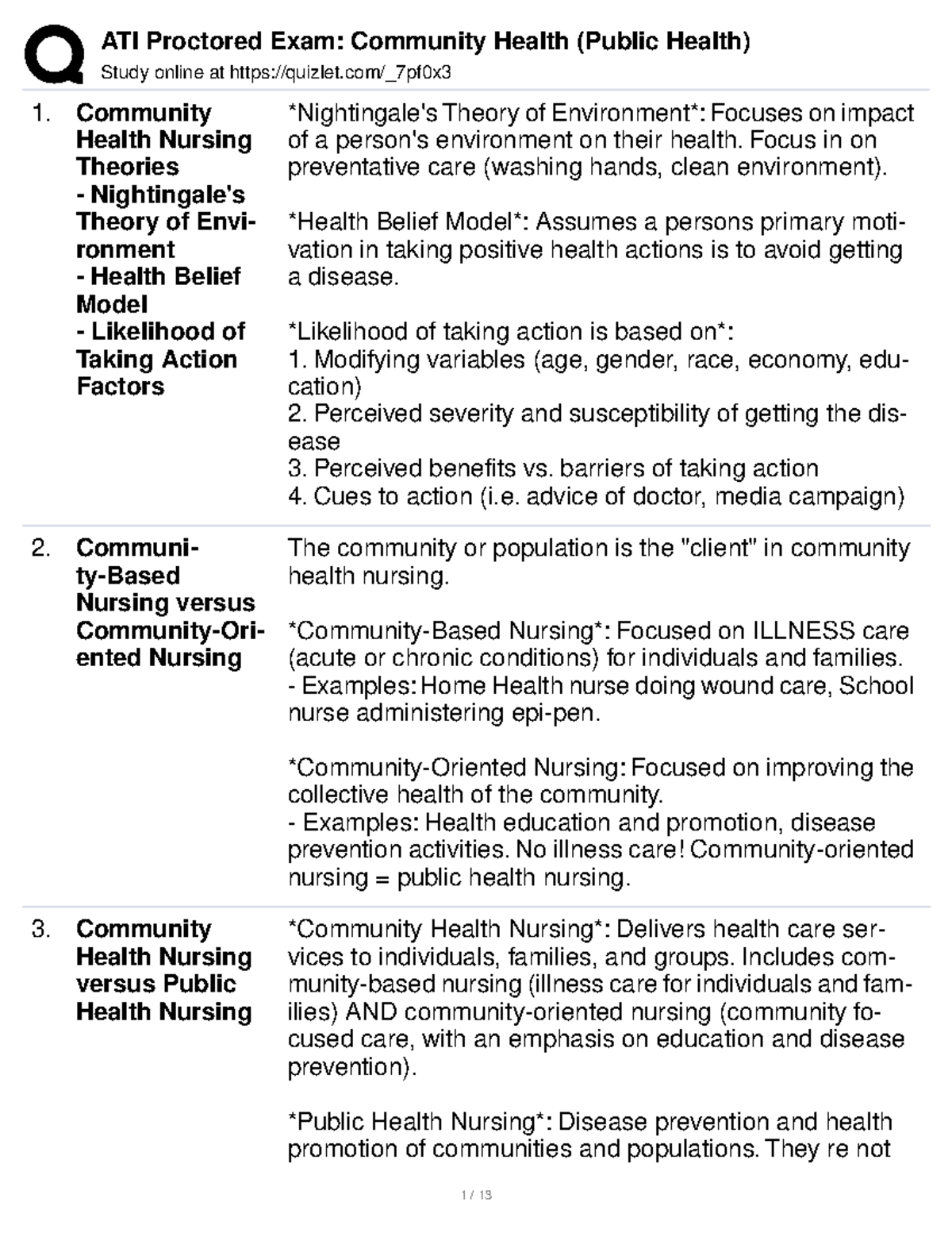 community health assignment quiz quizlet