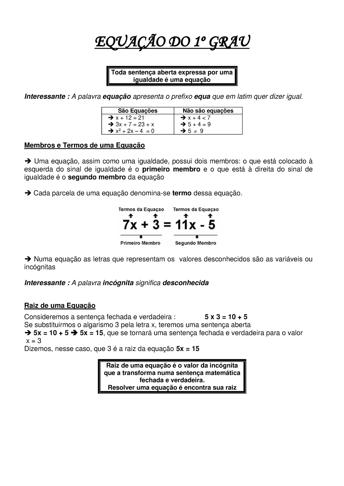 lista de exercicios de matematica equação do 1 grau