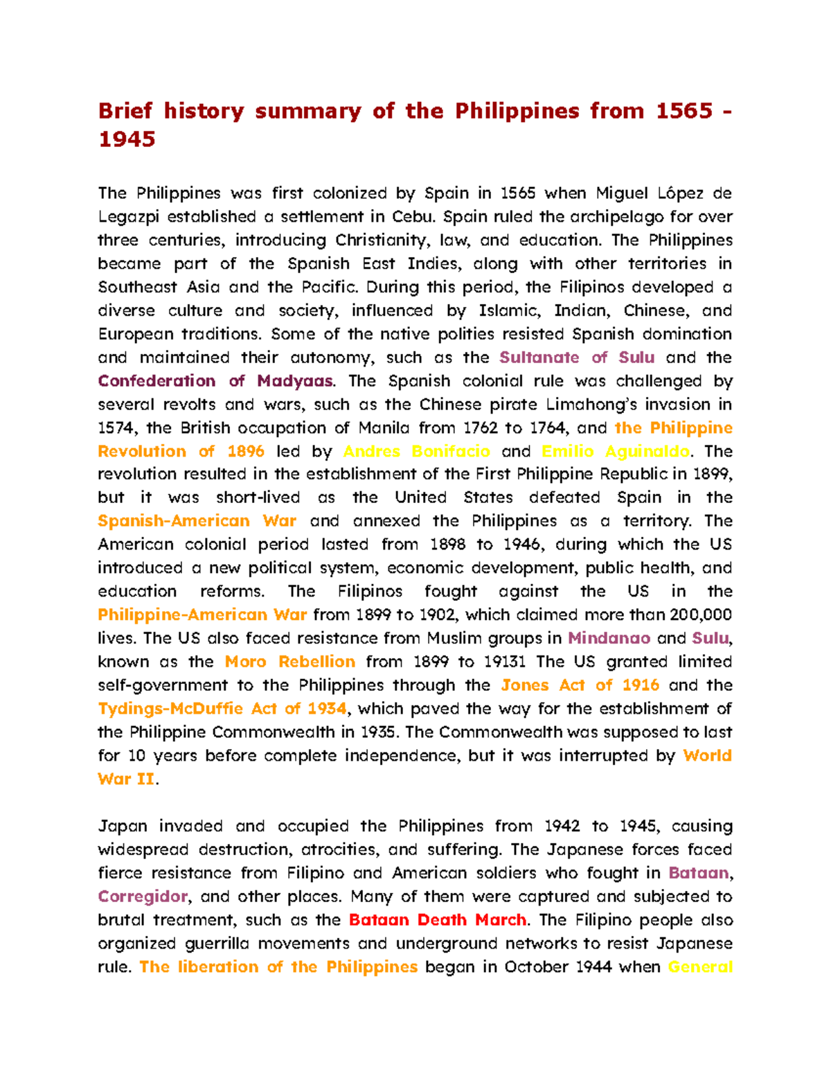 Brief history summary of the Philippine - Spain ruled the archipelago ...